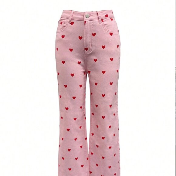 Pink Casual Women's Elastic Fitted Heart Pattern Narrow Leg Pants - Picture 1 of 3